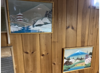 Set Of Asian Landscape Paintings In Bamboo Frames