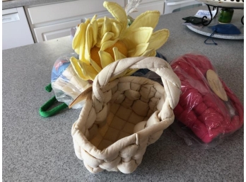 4 Cloth Woven Baskets And One Cloth Flower - Never Used
