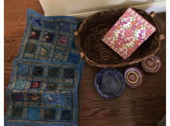 Basket, Vera Bradley Binder, 3 Handmade Ceramics & Two Pillow Shams