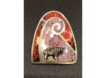 Sterling Silver Pendant Pin Brooch Of Figural Bull Over Inlaid Enamel.