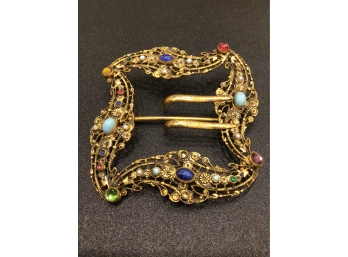 Antique Costume Belt Buckle Pin Brooch W/ Multi Colored Rhinestones