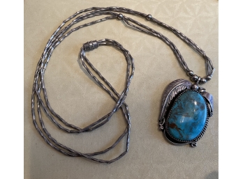 Vintage Signed Native Sterling Silver & Genuine Turquoise Necklace