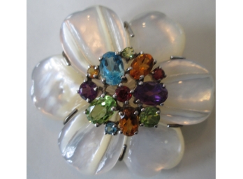 Vintage  Silver FLORAL BROOCH PIN, Mother Of Pearl Petals, Multicolor Stone Center