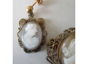Antique 3 Piece Set! Vintage Victorian Style CAMEO BROOCH & EARRINGS, Pierced Backings