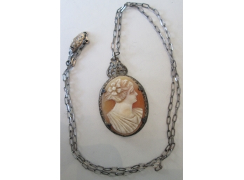 Antique  CAMEO NECKLACE, Sterling .925 Silver Setting & Chain