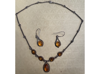 Vintage Amber Necklace W/ Matching Earring Set