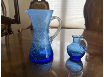 Vintage Lot Of 2 Blue Crackle Glass Items