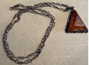 Vintage Handmade Genuine Amber & Sterling Silver Large  Mid-Century Modern Triangle Necklace