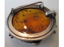 Vintage  Sterling OVAL BROOCH PIN, AMBER Cabochon Insert-Tests Sterling