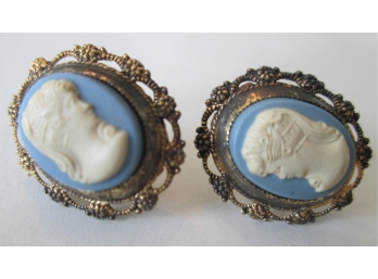 PAIR Vintage WELLS Brand CAMEO Earrings, BLUE Jasperware Style