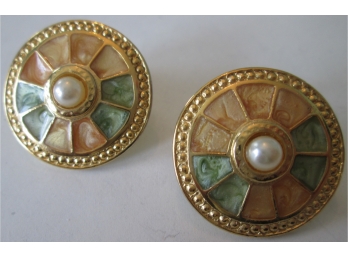 PAIR Vintage DISC Pierced Earrings, Gold Tone Finish, Faux Pearls