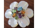 Vintage  Silver FLORAL BROOCH PIN, Mother Of Pearl Petals, Multicolor Stone Center