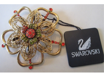 Vintage SWAROVSKY Brand FLORAL BROOCH PIN, Gold Tone Finish, Faceted Stones