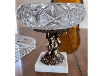 Vintage Cut Glass And Metal Compote #3
