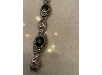 Vintage Sterling Silver & Onyx Marcasite Bracelet