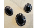 Vintage Sterling Silver & Black Onyx Pin & Earring Set