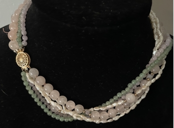 Vintage Elegant Six Strand & 14kt Gold, Jade, Rose Quartz & Fresh Water Pearl Necklace