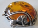 Vintage  Sterling OVAL BROOCH PIN, AMBER Cabochon Insert-Tests Sterling