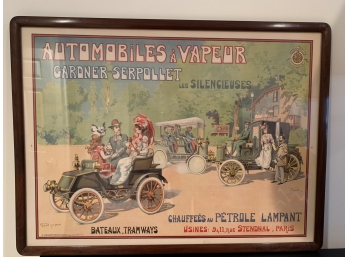 AUTHENTIC    VINTAGE  “ AUTOMOBILES  A’ VAPEUR “ FRENCH FRAMED LITHOGRAPH