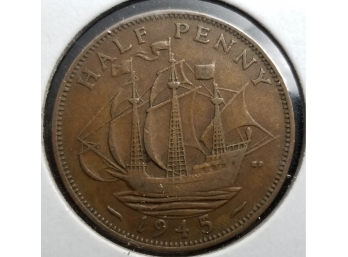 Britain Coin - 1945 British Half Penny - Bronze - Uncirculated