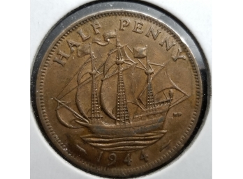 Britain Coin - 1944 British Half Penny - Bronze - Uncirculated