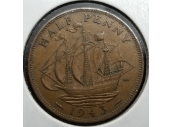Britain Coin - 1943 British Half Penny - Bronze - Uncirculated