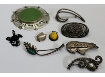 Mixed Lot Of 7 Vintage Sterling Silver Pins/Brooches & One Sterling Chain-60.4 Grams-127