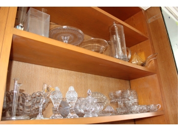 Mixed Lot Of Crystal Cups, Glasses, Serving Plates, Candle Stick Holders, Etc. - CONTENTS OF 2 SHELVES INCLUDED! Good Condition - Item #84