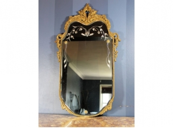 Antique Gold Mirror With Beautiful Etched Flower Accent And Beveled Edge Glass-#30