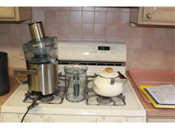 Assorted Kitchen Cabinet Lot - Glassware, SodaStream Machine, Food Processor, Juicer, Stools, Towels, Pots, Pans, Plates Etc. - Item #151