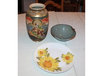 Assorted Lot Of Porcelain - Japanese Vase, Michael Cole Signed Bowl & Flower Plate - Lot Of 3! Item #195 LR