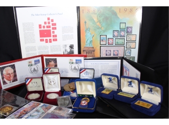 Commemorative Vintage Set Of Coins, Stamps & Pins - Item #074