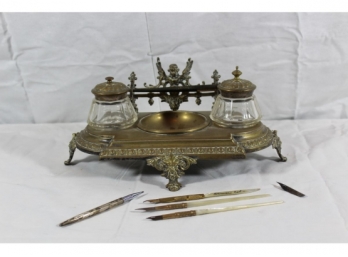Antique Inkwell Set With Quills (6 Pens Included - 1 Pen Is Sterling Silver By Tiffany)-#39