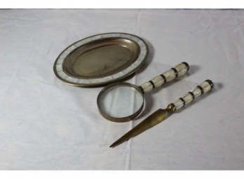 Mother Of Pearl 3 Piece Desk Set (Letter Opener, Magnifying Glass & Tray)-#40