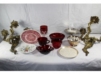 Assorted Box/Lot Of Plates, Cups, Cranberry Glass, Lenox, Booth, Mason & Wall Candle Holders-#56