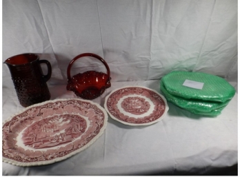 Assorted Mixed Lot/Box Of Cranberry Glasses, Plates & Vase-#59