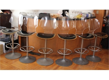 Mid Century Modern Lucite Bar Stools - Glass Design - Black Chairs - Set Of 6! Great Condition - Item #18