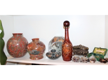 Mixed Lot Of Decorative Items - Vases, Stress Balls, Mexican Pottery & Glass Jewelry Box!! BSMT Item #163
