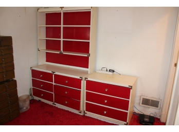 Mission Style Children's Formica Book Case Dresser - Red & White - 6 Drawers & 3 Drawers! Good Condition - Item #30