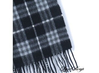MOST WANTED Burberry Made In England 100% Cashmere Black Grey Tartan Scarf 55'