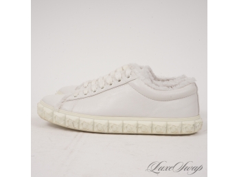 ULTRA RECENT AND LIKE NEW STUART WEITZMAN WHITE LEATHER SHERPA TRIMMED ROSETTE DETAIL SNEAKERS 5