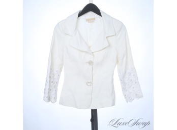 BRAND NEW WITHOUT TAGS MICHAEL KORS COLLECTION MADE IN ITALY 100 LINEN WHITE JACKET WITH LACE SLEEVES 2