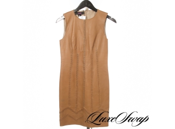 INSANE VERSUS VERSACE BUTTERSCOTCH LEATHER WHIPSTITCH EMBROIDERED DRESS