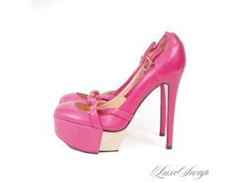 SKY HIGH IN HEIGHT AND PRICE! $795 LIKE NEW VERSACE MADE IN ITALY HOT PINK LEATHER GOLD PLATFORM SHOES 37