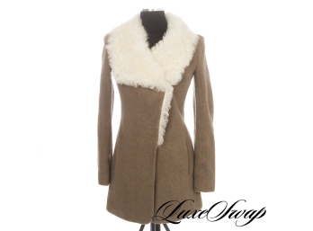INSANE THEORY CASHMERE BLEND TAUPE GREEN SHEARLING COLLAR LONG COAT S WOW!