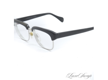 THE PERFECT ACCESSORY : VINTAGE 1960S THICK SILVER METAL BLACK TOP NERD GLASSES