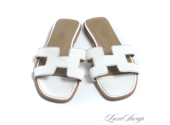 MOST WANTED! AUTHENTIC HERMES MADE IN ITALY WHITE ORION H FLAT SANDALS 37 / 7