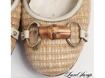 Gucci Made In Italy Rattan Cane Lattice Straw Bamboo Horsebit Ballet Flats 8.5