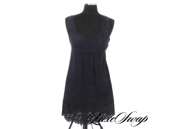 AUTHENTIC $3000  Louis Vuitton Made Italy Navy Blue Suede Scalloped Lace Hem Dress 38