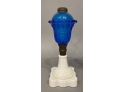 Pait Antique Fluid Lamps Blue Font W White Milk Glass Base